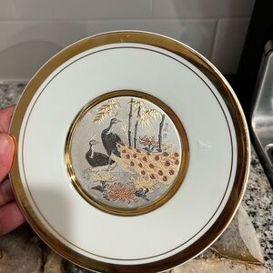 The Art of Chokin Elegant Gold and White Peacock Plate 24K gold trim